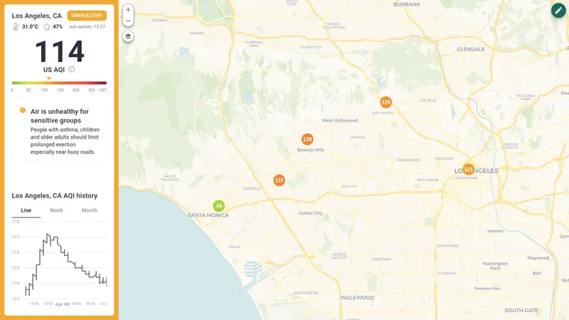 Public AQI dashboard showing Los Angeles air quality overview