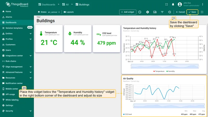 Final dashboard with Air Quality widget placed below chart