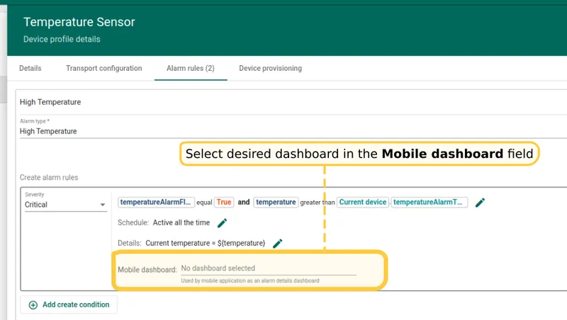 Device profile alarm rules tab