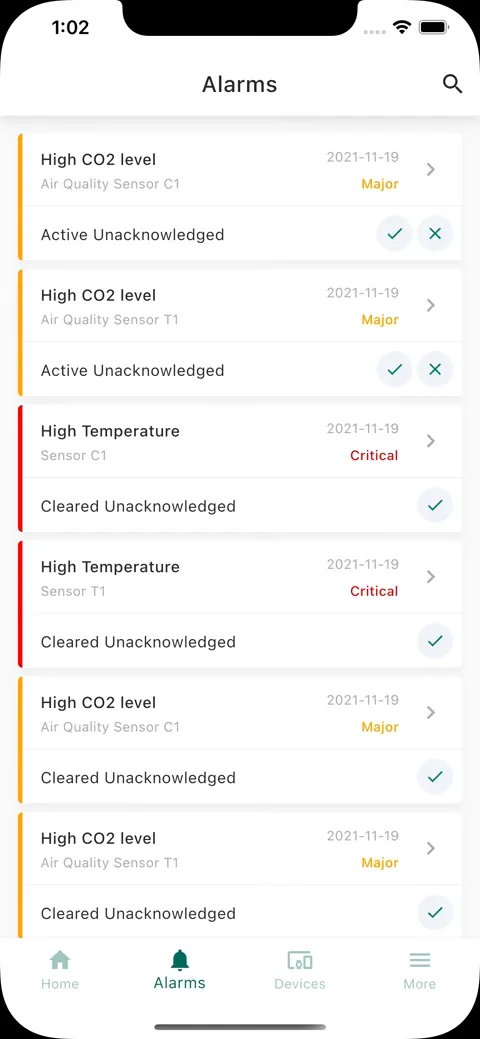 Alarm details dashboard in mobile app