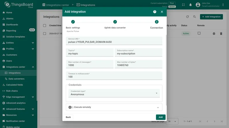 Add integration wizard — Connection step: Service URL pulsar://YOUR_PULSAR_DOMAIN:6650, Topic my-topic, Subscription name my-subscription, Max number of messages 1000, Max number of bytes 10485760, Timeout 100 ms, Credentials type Anonymous