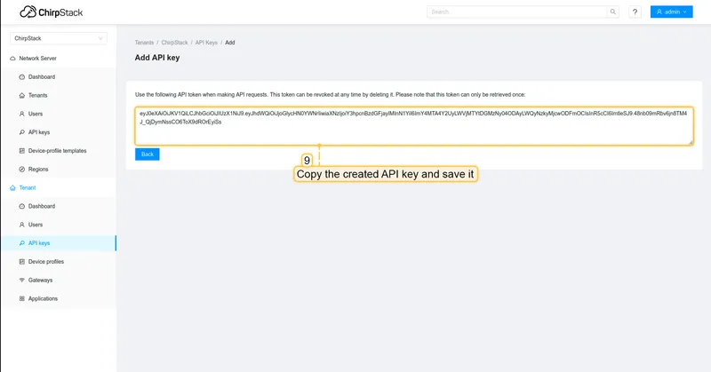Copy the created API key and save it, we will need it for integration on ThingsBoard.