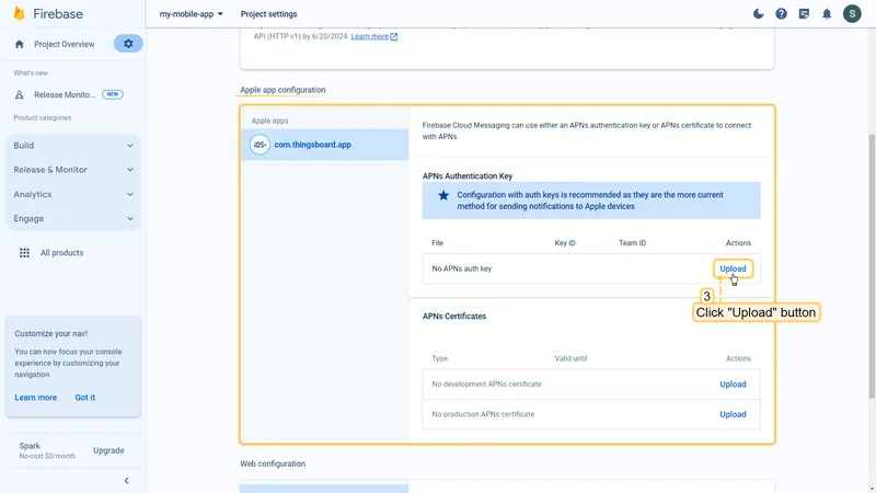 Click Upload in APNs authentication key section