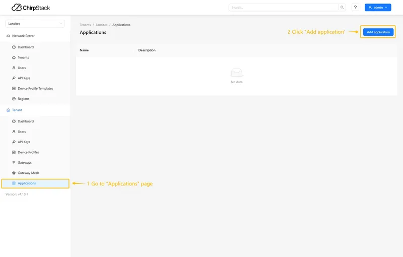 Go to the **Applications** page and click on **Add application** button.