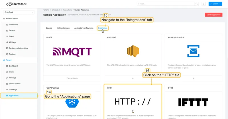 Now, open your Chirpstack, go to the "**Applications**" page -> Your application -> "**Integrations**" tab, Find and click on the **HTTP** tile.
