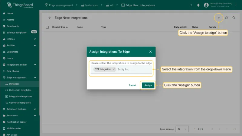 Assign the TCP integration template to the Edge