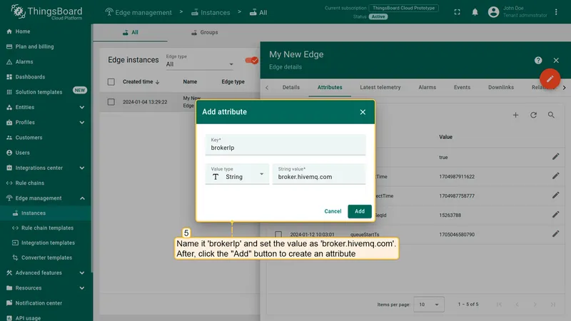 Add brokerIp attribute with value broker.hivemq.com