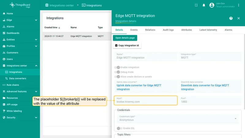 Integration details showing ${{brokerIp}} resolved to the attribute value