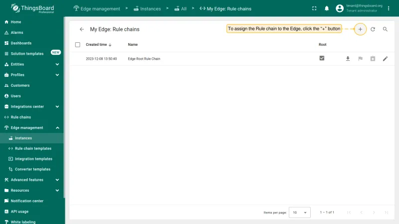 Rule chains list for the Edge instance with Add button (PE)