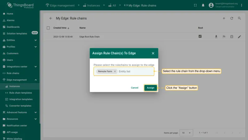 Dialog to select a rule chain template to assign (PE)