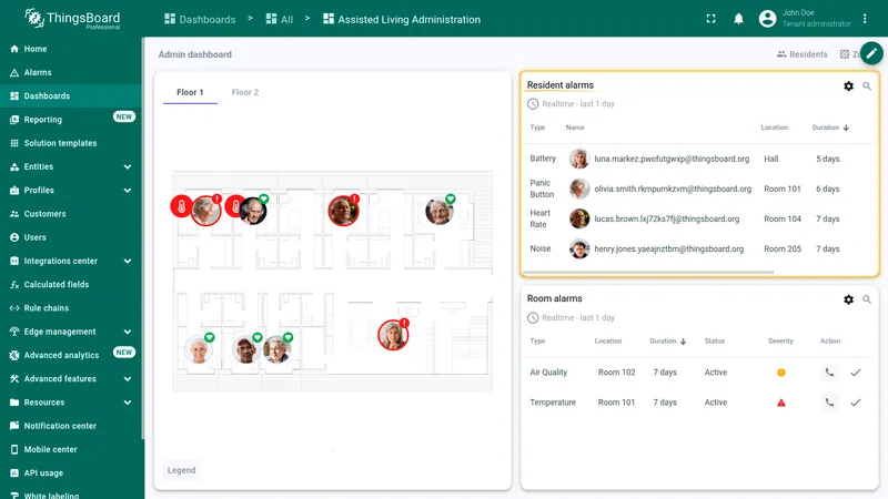 Resident alarms with health events and quick actions