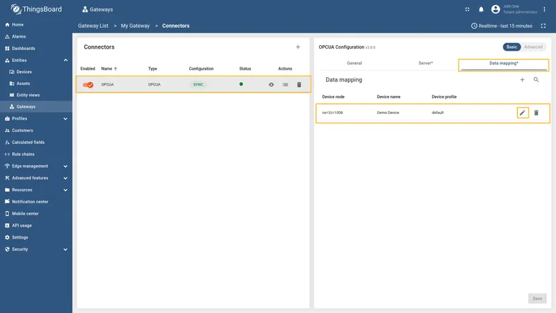 Select OPC-UA connector, click Data mapping