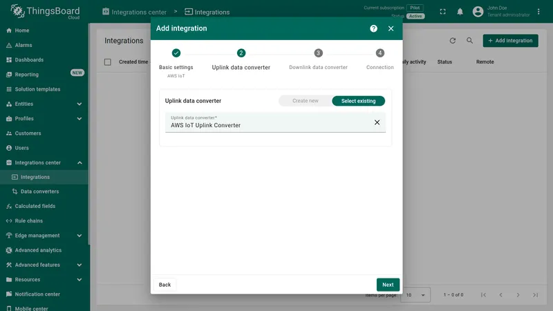 Add integration wizard — Uplink data converter: Select existing with AWS IoT Uplink Converter chosen