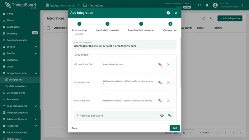 Add integration wizard — Connection: endpoint URL entered, CA certificate, device certificate, and private key uploaded