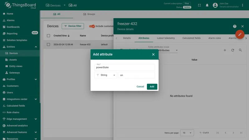 ThingsBoard — device freezer-432 Attributes tab, Shared attributes scope, state attribute being edited to idle