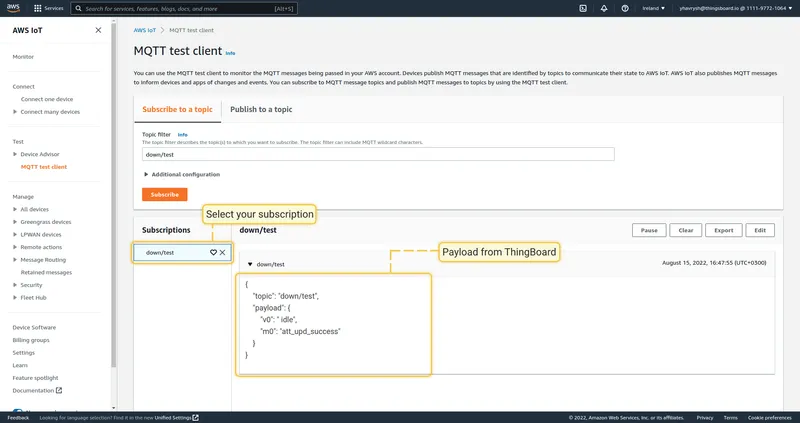 AWS MQTT test client — down/test subscription showing received payload with v0 idle and m0 att_upd_success