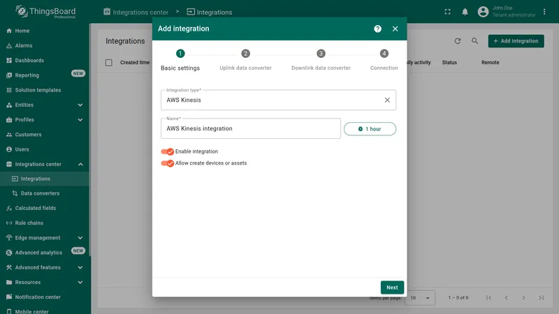 Add integration wizard — Basic settings: Integration type AWS Kinesis, name AWS Kinesis integration, Enable integration and Allow create devices or assets toggled on