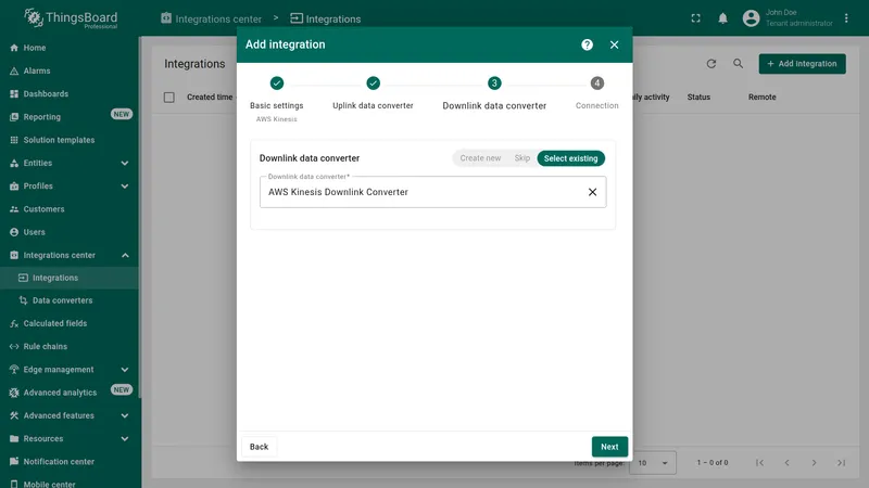 Add integration wizard — Downlink data converter step: Select existing tab active with AWS Kinesis Downlink Converter selected