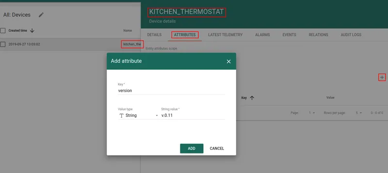 ThingsBoard — device KITCHEN_THERMOSTAT Attributes tab, Add attribute dialog: key version, type String, value v.0.11