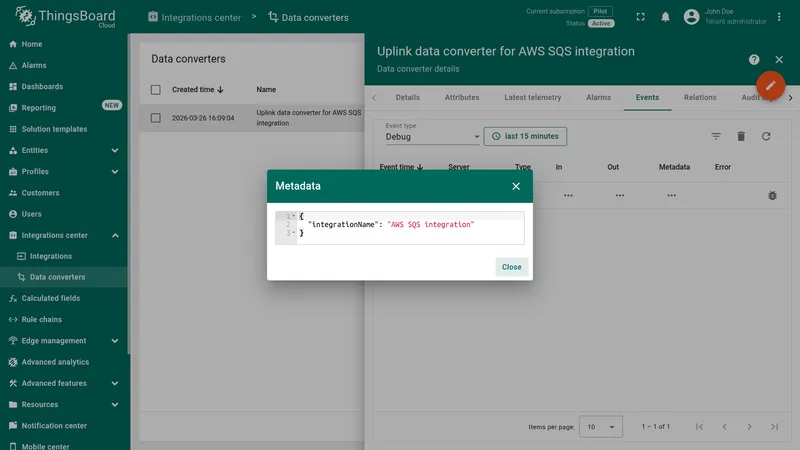 Converter event Metadata dialog showing integrationName: AWS SQS integration
