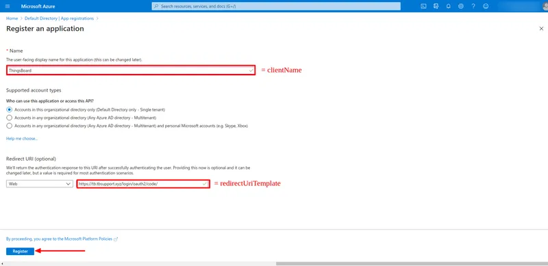 Register an application form in Azure