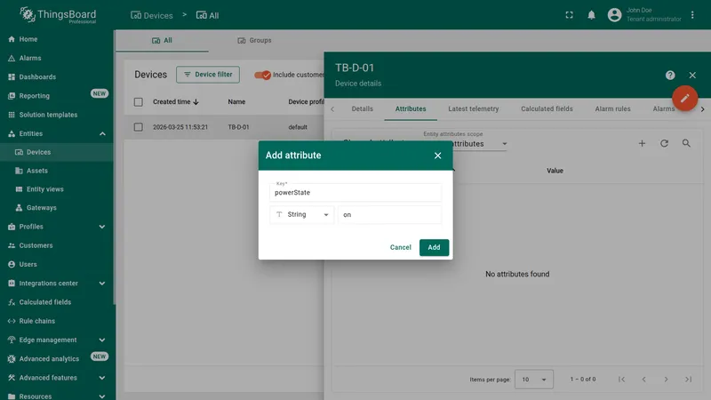 ThingsBoard device TB-D-01 Shared attributes tab with Add attribute dialog showing key powerState and value on