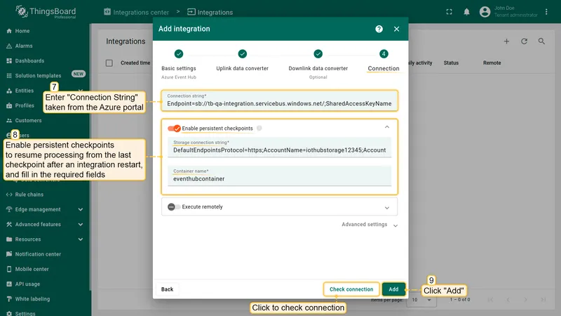 Add integration wizard — Connection step with Connection String, Persistent checkpoints enabled, Storage connection string, and Container name filled in, Check connection and Add buttons visible