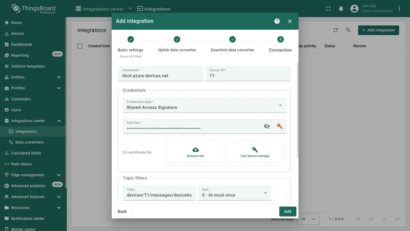 Add integration wizard — Connection step: Hostname tbot.azure-devices.net, Device ID T1, Credentials type Shared Access Signature with SAS Key filled, Topic filter devices/T1/messages/devicebound/#
