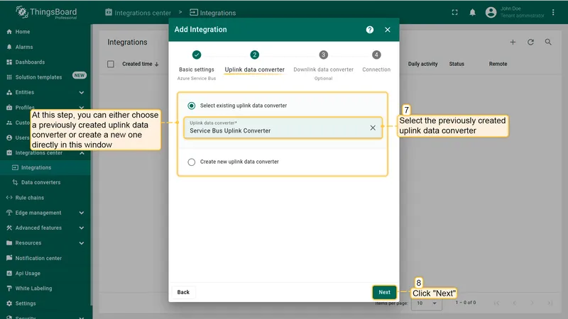 Add integration wizard — Uplink data converter: Select existing selected, Service Bus Uplink Converter chosen