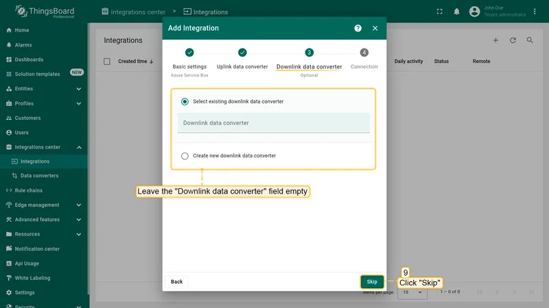 Add integration wizard — Downlink data converter: field empty, Skip button highlighted