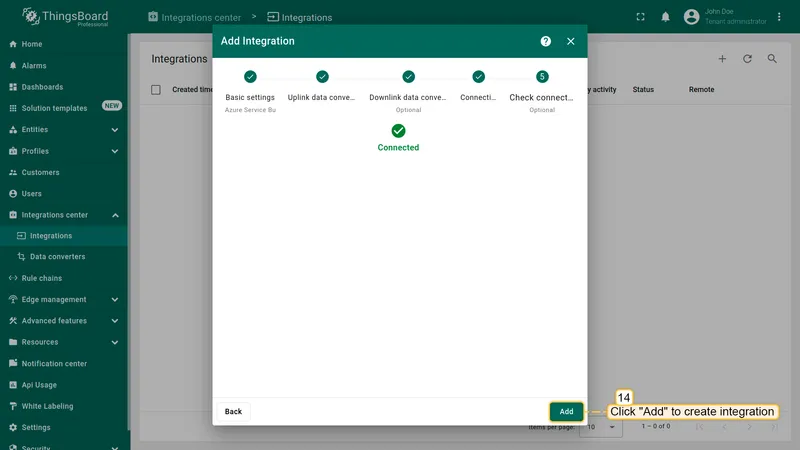 Add integration wizard — Check connection step showing Connected, Add button (14)