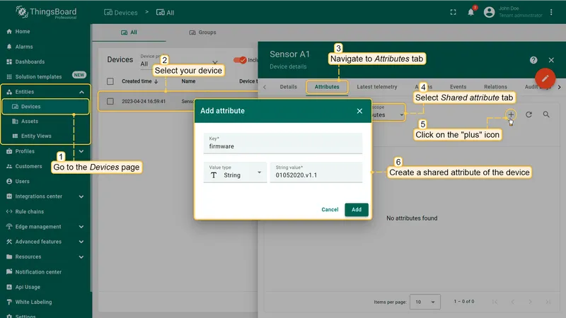 Device Sensor A1 — Shared attributes tab with Add attribute dialog open: key firmware, value 01052020.v1.1