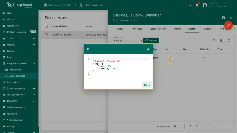 Uplink converter event — In dialog showing raw JSON payload: devName Sensor A1, msg.temp 23, msg.humidity 40