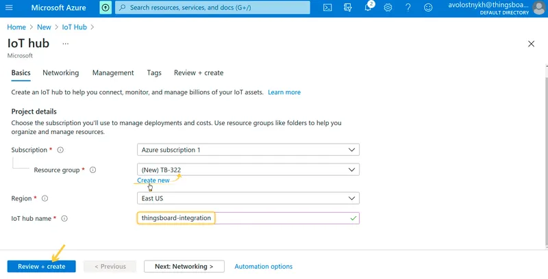IoT Hub Basics form with resource group TB-322 and hub name thingsboard-integration filled in, Review + create button highlighted