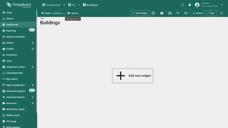 Manage layouts dialog with Default layout and settings icon