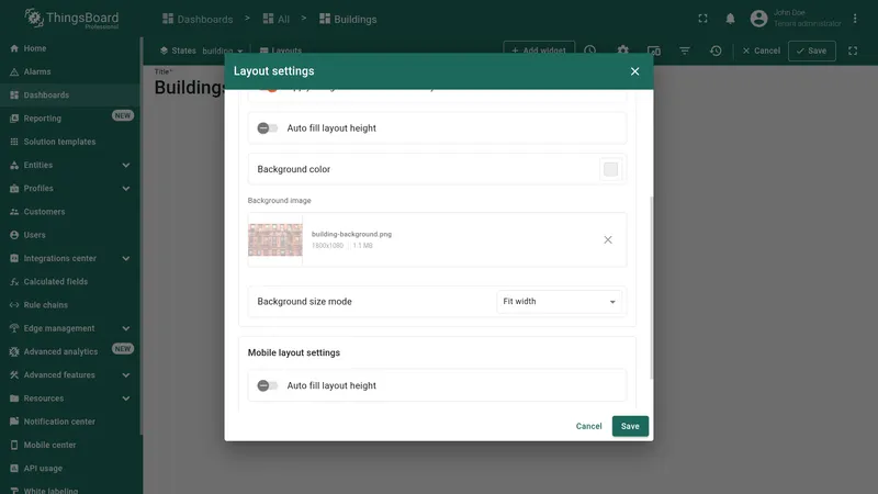 Manage layouts dialog with Save button