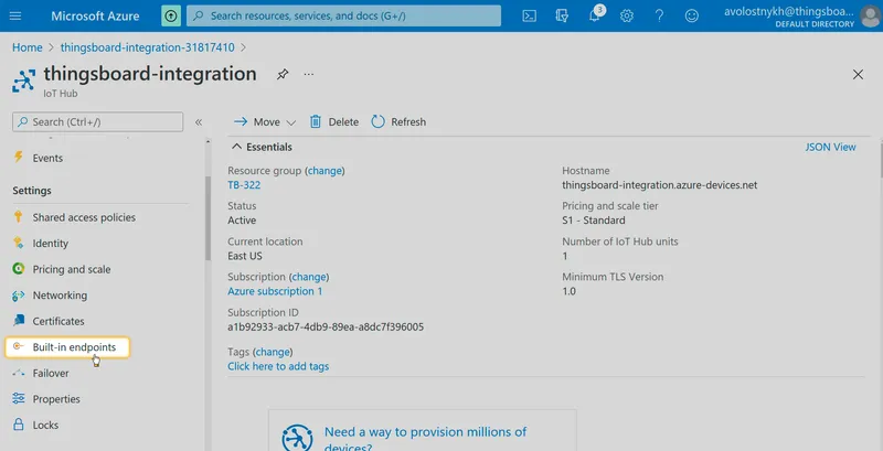 IoT Hub resource with Built-in endpoints highlighted in the left menu under Settings