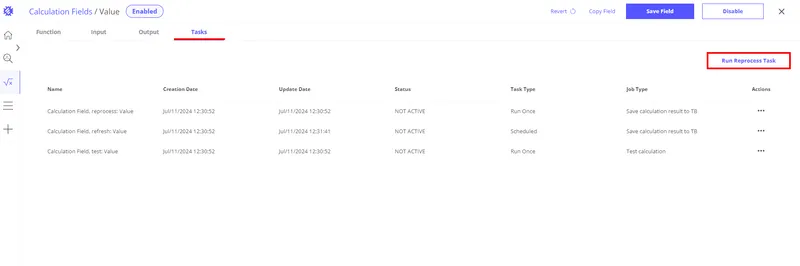Tasks tab with the Run Reprocess Task button