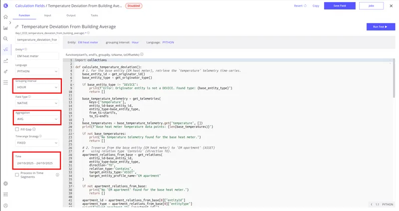 Calculation field Function tab showing Grouping Interval and Aggregation settings