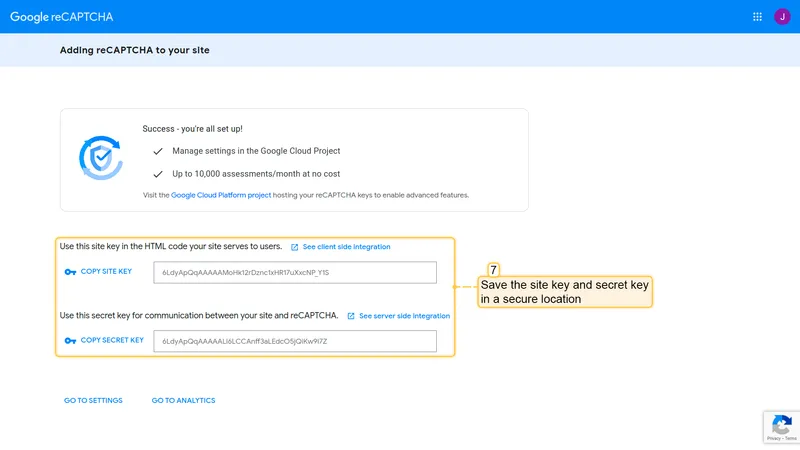 reCAPTCHA success page showing Copy Site Key and Copy Secret Key buttons