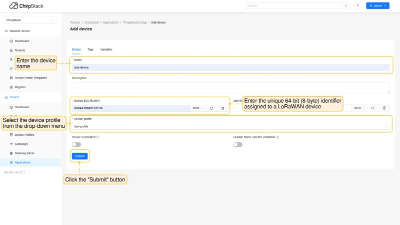 Fill in device fields