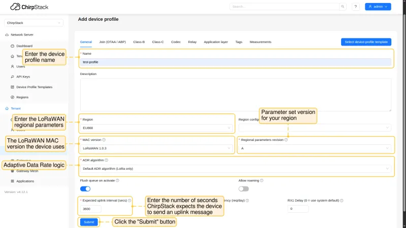 Device profile general settings