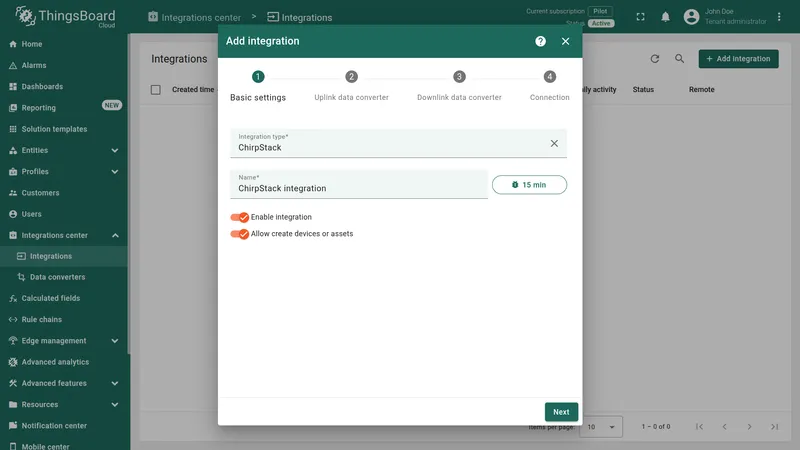 Add integration wizard — Basic settings: Integration type set to ChirpStack