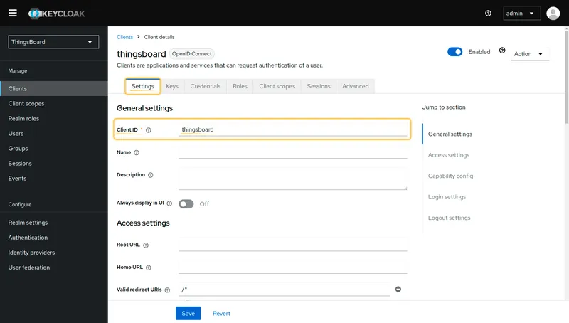 Keycloak client Settings tab
