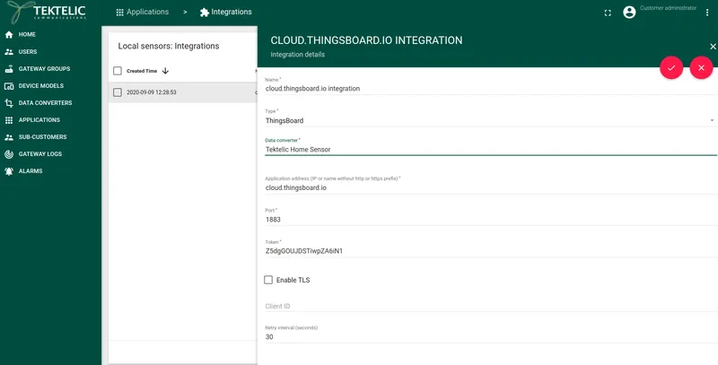 KONA Network Server integration configuration showing Type, Application Address, and Token fields