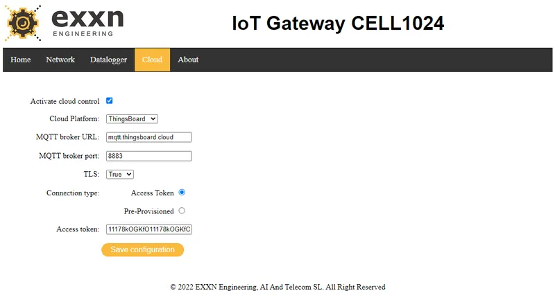 Activate the Cloud control and configure all the parameters to connect the device to the specific ThingsBoard platform via MQTT.