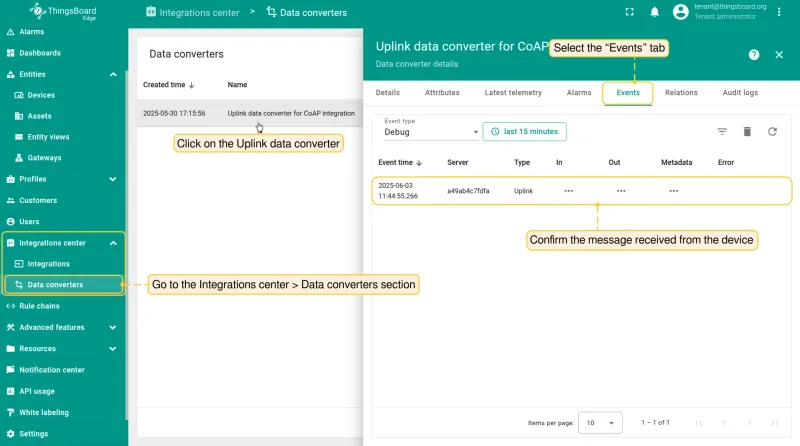 Uplink converter Events tab