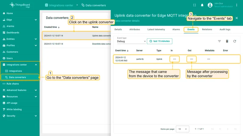 Uplink converter Events tab