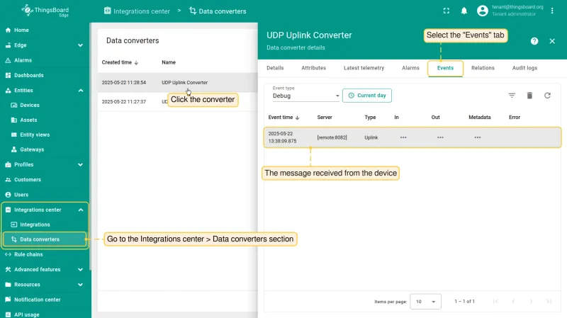 Uplink converter Events tab