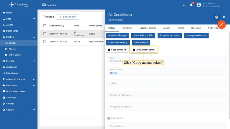 Copy the Air Conditioner access token